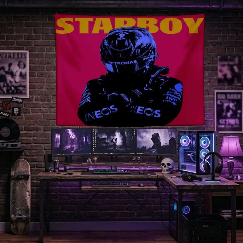Starboy F1 Racing Print Tapestry Neon Red Blue Silhouette Mercedes Motorsport Wall Hanging Cool Sports Fan Boy Cave Bedroom Decor Living Room Wall Decor Dorm Background Banner