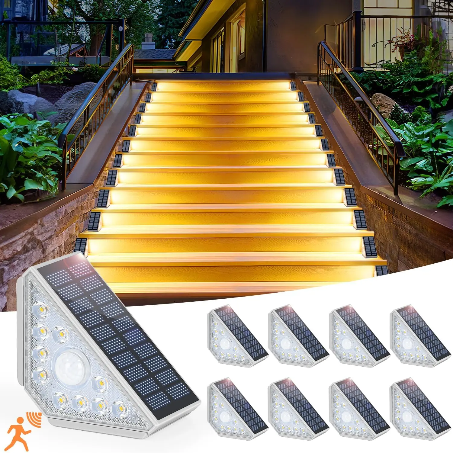 Outdoor Solar Motion Sensor Step Lights - 550LM Super Bright LED, ABS Plastic, Auto-On/Off, IP67 Waterproof, Warm White, Multiple Packs, Ideal for Stairs, Porches (Home Supplies)