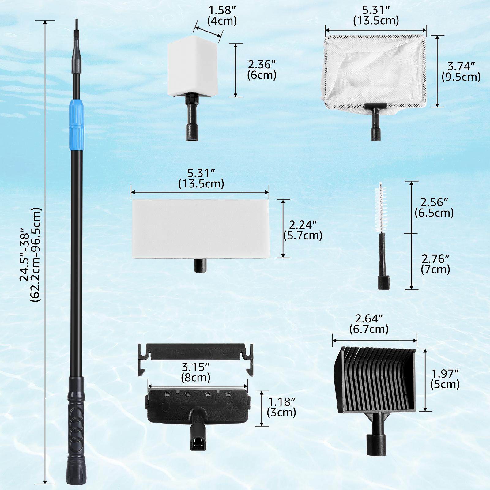 6 in 1 Adjustable Aquarium Cleaning Tool Kit Fish Tank Cleaning Kit for 20-160 Gallon Tank with Telescopic Long Handle, Algae Scraper, Scrubber Pads, Tube Cleaner, Fish net, Gravel Rake Fathersdaygift Removal