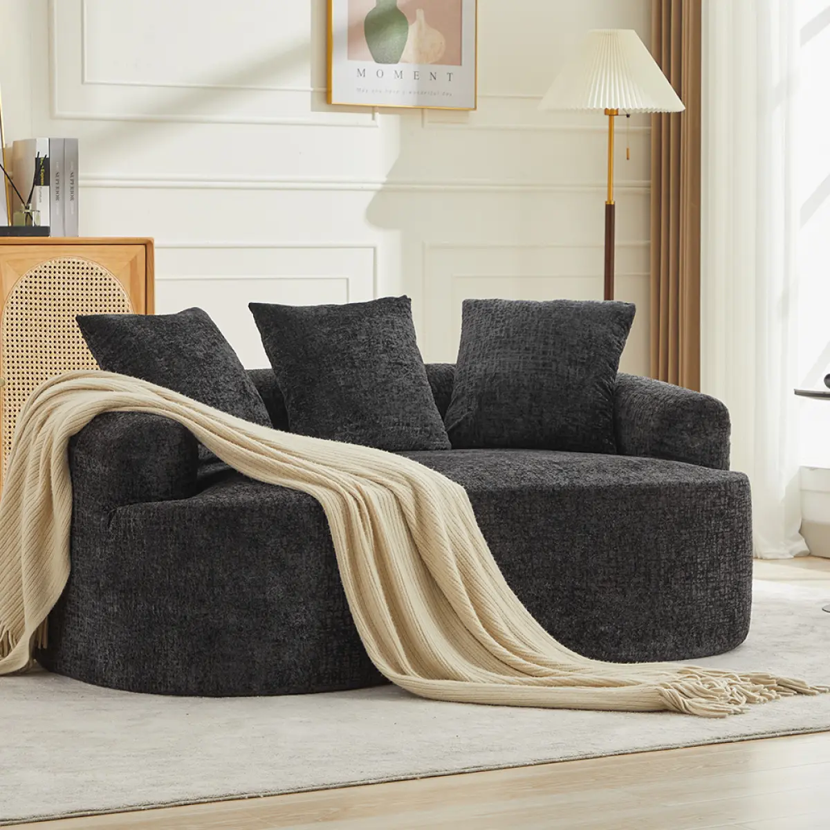 Aobtkel Curved Loveseat Sofa, Small Eco-Friendly Chenille-Cotton Deep Seat Comfy Couch with 3 Pillows & Memory Foam, Pre-Assembled Indoor Furniture for Apartment, Living Room