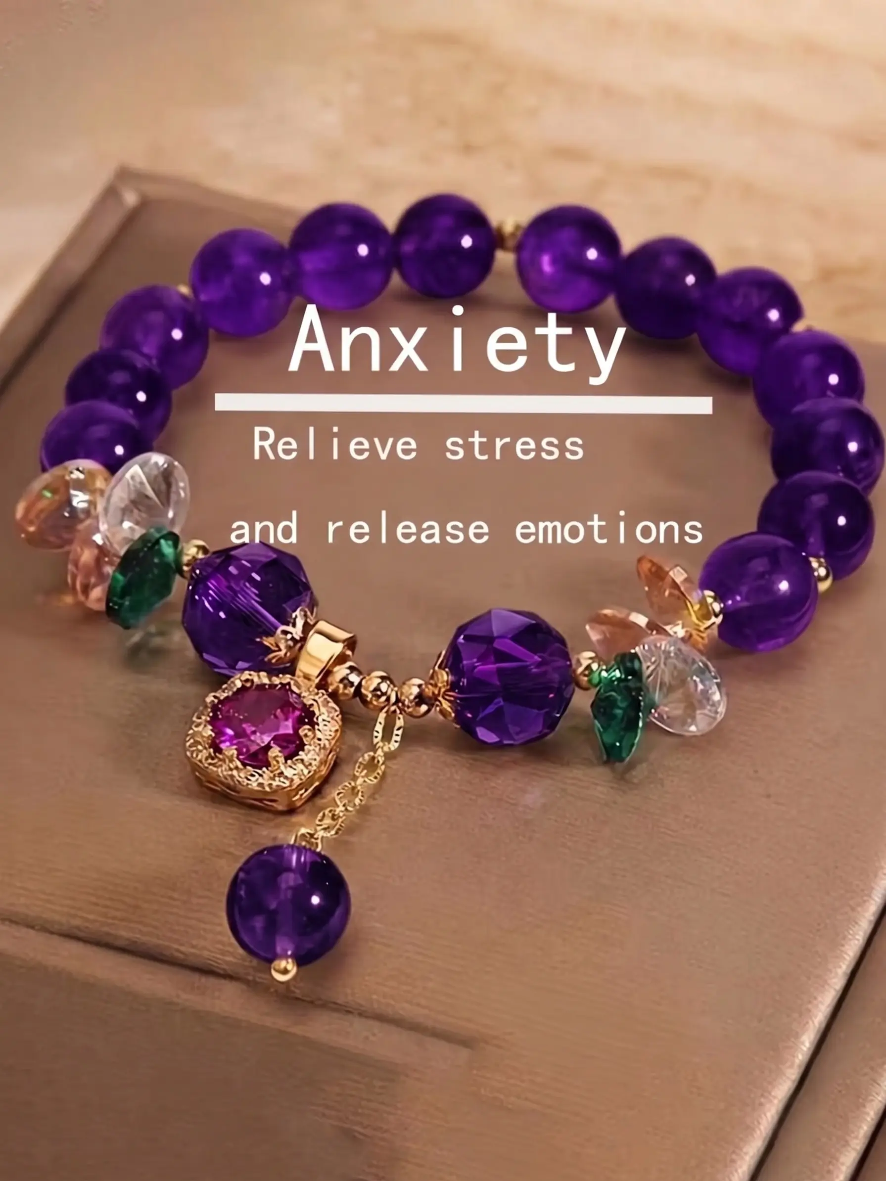 AEONBLULI Natural Purple Amethyst Beaded Healing Bracelet for Women, Crystal Charm Stretch Bracelet, Birthday Christmas Gift