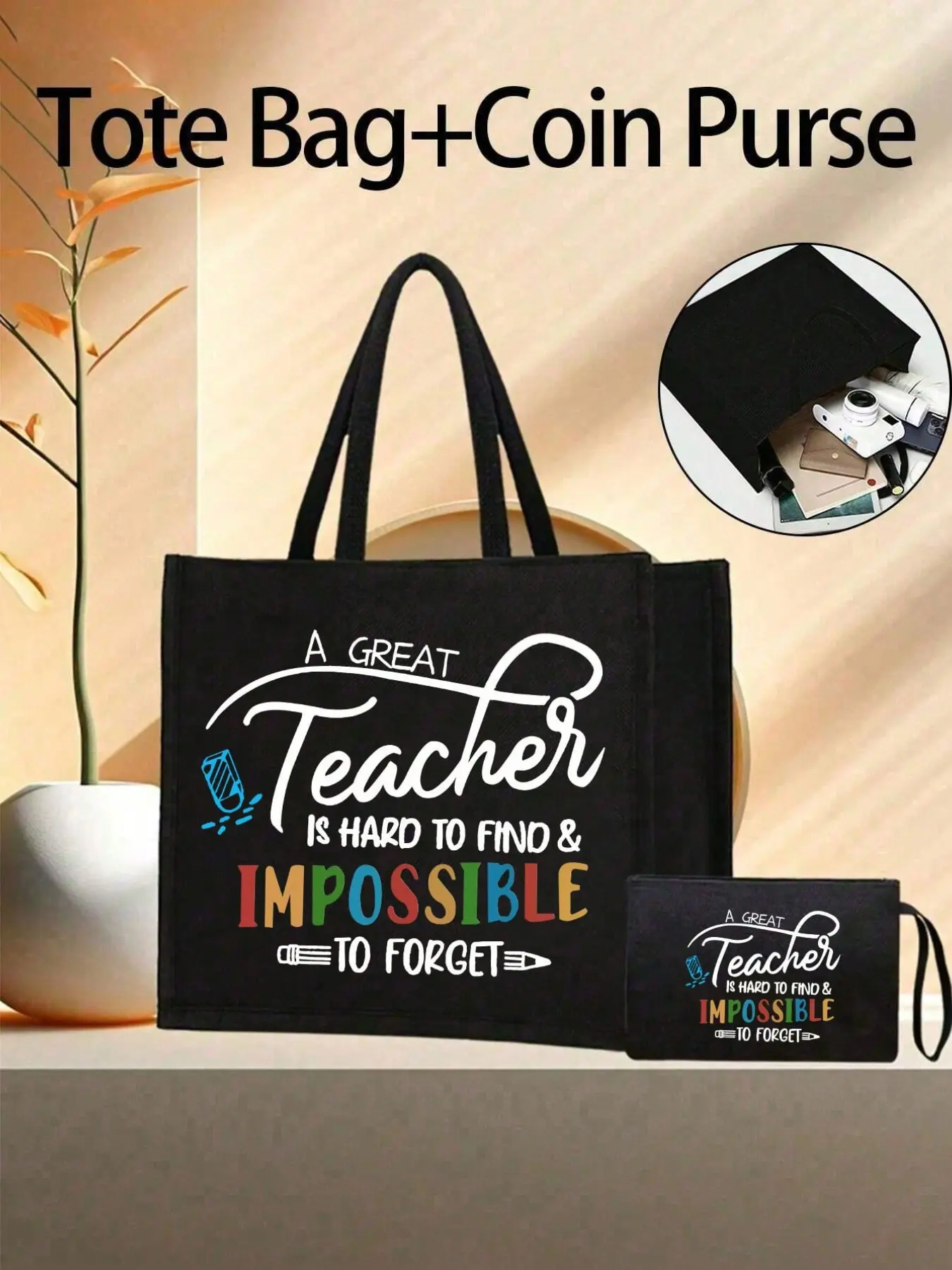 Canvas Tote Bag Set with Zip Wallet, Teacher Appreciation Gift, Large Capacity Fashion Handbag, Perfect for Educators