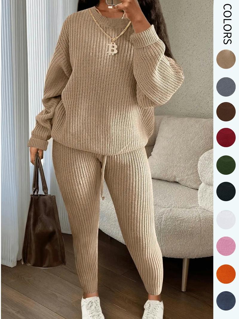 Women's Solid Drop Shoulder Long Sleeve Sweater & Drawstring Waist Pants Set, Casual Fashion Cozy Knitwear for Daily Outdoor Wear, Ladies Fall & Winter Clothes, Women's 2 Pcs Sweater Set, 2 Pieces Knit Set for Women, Fall/Winter Outfits, Casual Loungewear Women's Solid Drop Shoulder Long Sleeve Sweater & Drawstring Waist Pants Set, Casual Fashion Cozy Knitwear for Daily Outdoor Wear, Ladies Fall & Winter Clothes, Women's 2 Pcs Sweater Set, 2 Pieces Knit Set for Women, Fall/Winter Outfits, Casual Loungewear