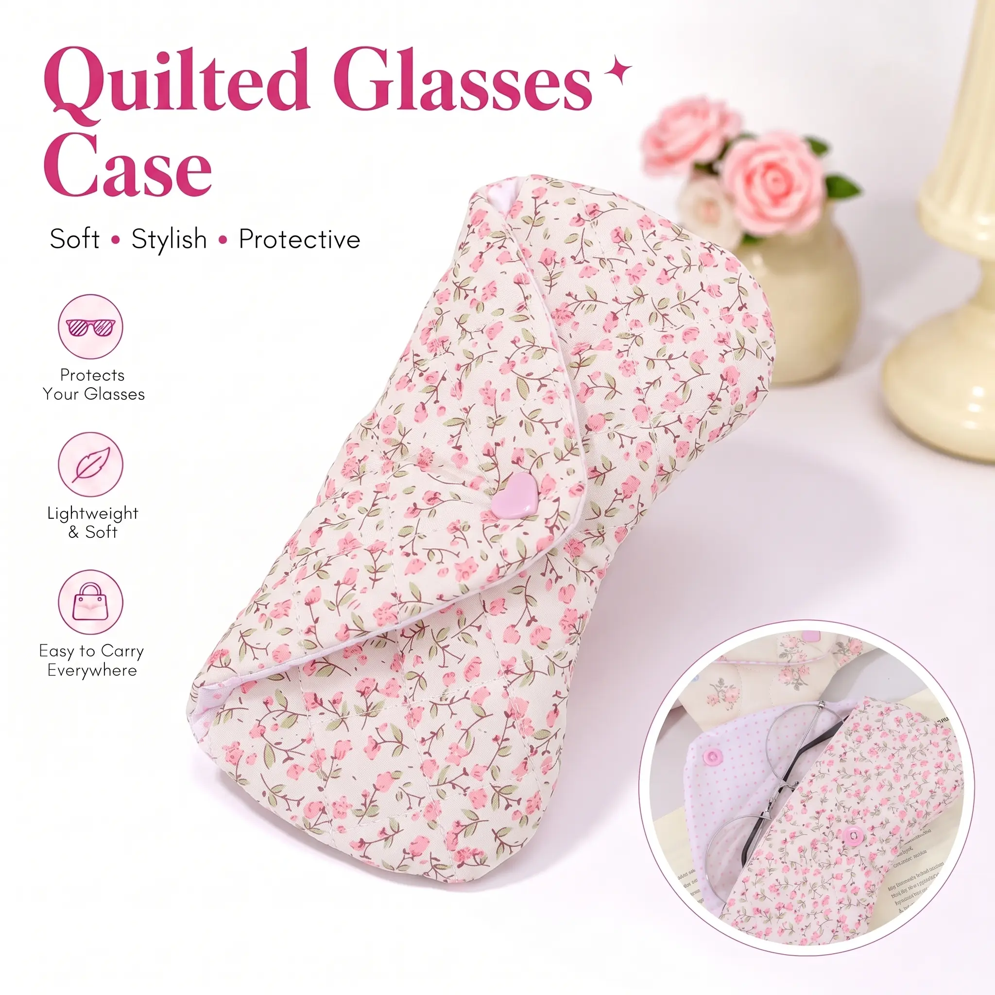 Cute Floral Heart-Shaped Glasses Storage Bag, Quilted Eyeglass Case, Travel Glasses Pouch, Girls Sunglasses Accessories, Glasses Holder, Eye Glasses Holders, For Girls-YY0