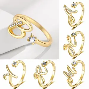 Shiny Crystal Initial A-Z Letter Rings For Girl Adjustable Opening Metal Copper Wedding Alphabet Knuckle Ring Jewelry Gift