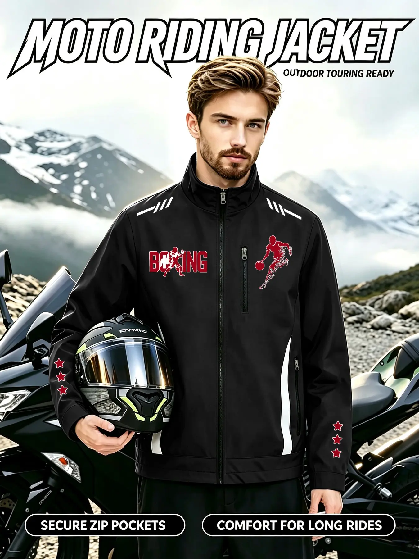 Men's Boxing Basketball Sport Shadow Print Jacket, Design Zipper, Loose-Fitting Long Sleeve, Casual Outerwear for Outdoor Activities