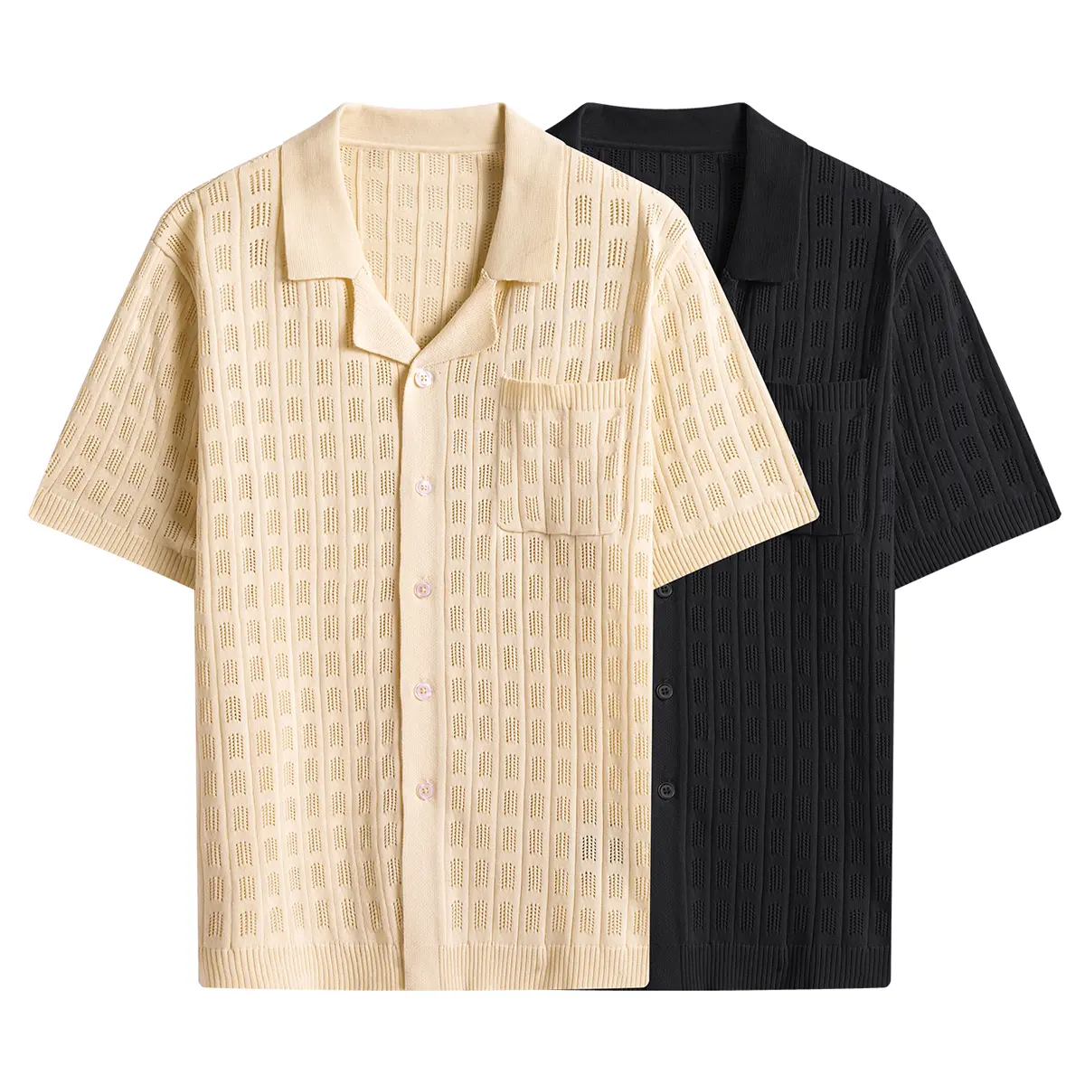 Men's Classic Cuban Collar Shortsleeve Casual Shirt - Polyester, Breathable Knitted Texture, Pocket Detail, Loose Fit, Machine Washable Summer Menswear Top for Travel, Home Leisure, Athletic, Basic, Daily Men's Wear, Loose-Fitting