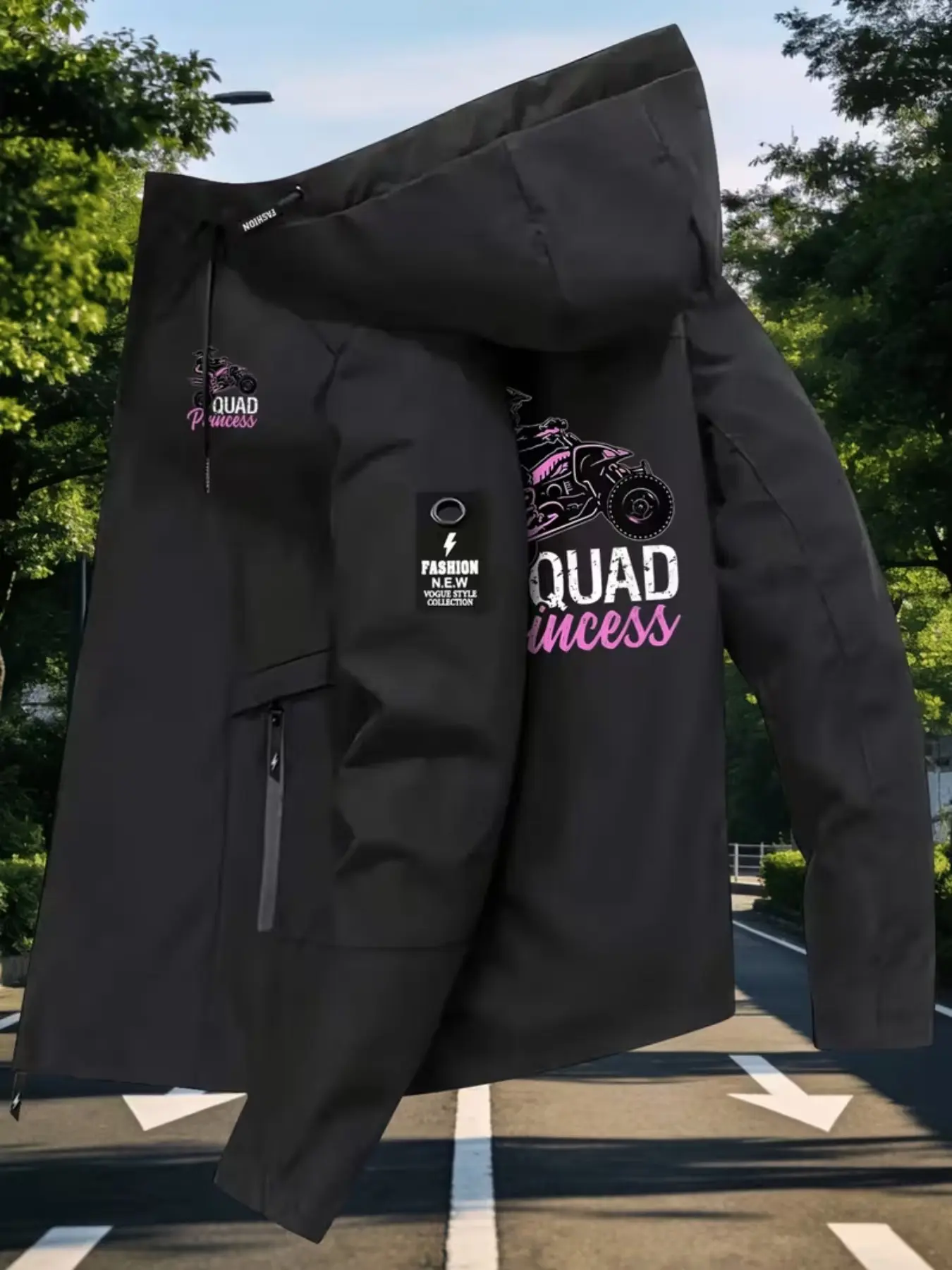 Women's Sport Jacket, All-Terrain Bike Rider Silhouette Print, Long Sleeve Zip Pocket Hooded Coat, Lightweight Warm Outdoor Wear