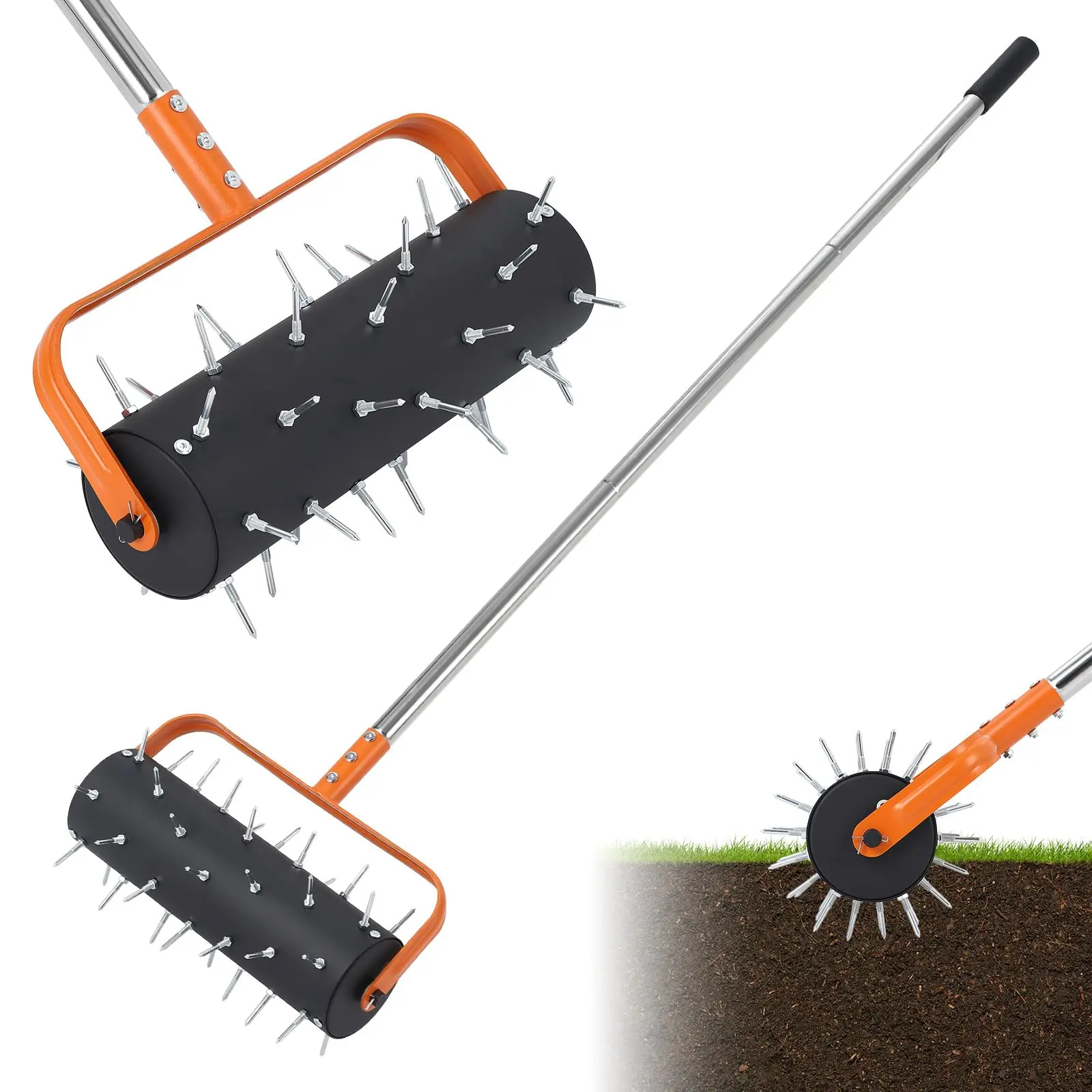 Heavy-Duty Rolling Lawn Aerator Roller, Manual Push Spike Aerator with 42 Spikes, 61" Adjustable Handle & 15 Inch Working Width, Soil Penetrator for Lawn, Garden & Yard, Black & Orange
