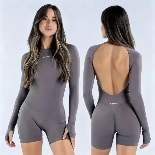 【with logo】dfyne Long Sleeve Open Back Workout Romper，Seamless Backless Fitness Bodysuit Shorts，High Elastic Seamless Backless Gym Romper Daily Athleisure Bodysuit