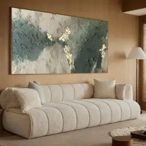 Large Hand-Painted Textured Abstract Oil Painting with Golden Accents, Dark Green-Beige Swirls, Framed for Modern Home Decoration, Living Room Accent Piece, Home Decor Print