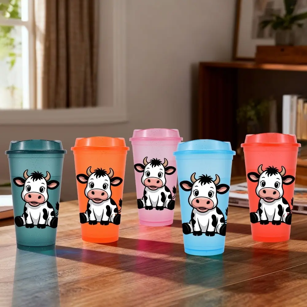 10pcs/16oz/475ml/Bright Glitter Plastic Tumblers With Lid,Iced Coffee Cup,Festival Party Supplies,Adorable Cartoon Cow Design Black White Spotted Print Farm Animal Theme Whimsical Home Decor Perfect Holiday Gift