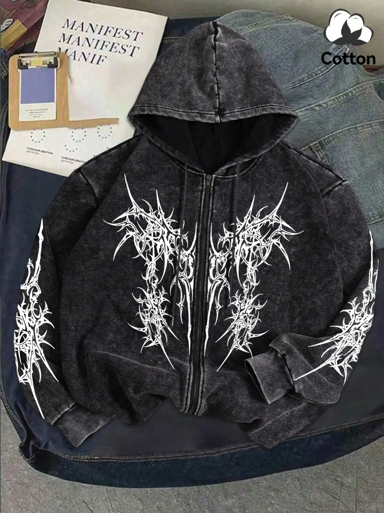Men's Cotton Zipper Hoodie, Gothic Thorn Pattern Print, Loose Fit Casual Long Sleeve Sweatshirt, Fashionable Spring & Fall Top