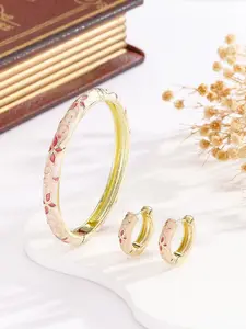 2Pcs Vintage Pink Cloisonne Enamel Jewelry Set for Women Red Flower Floral Gold Plated Brass Hinged Bangle Bracelet Huggie Hoop Earrings Retro Cottagecore Coquette Aesthetic Accessories Gift for Her