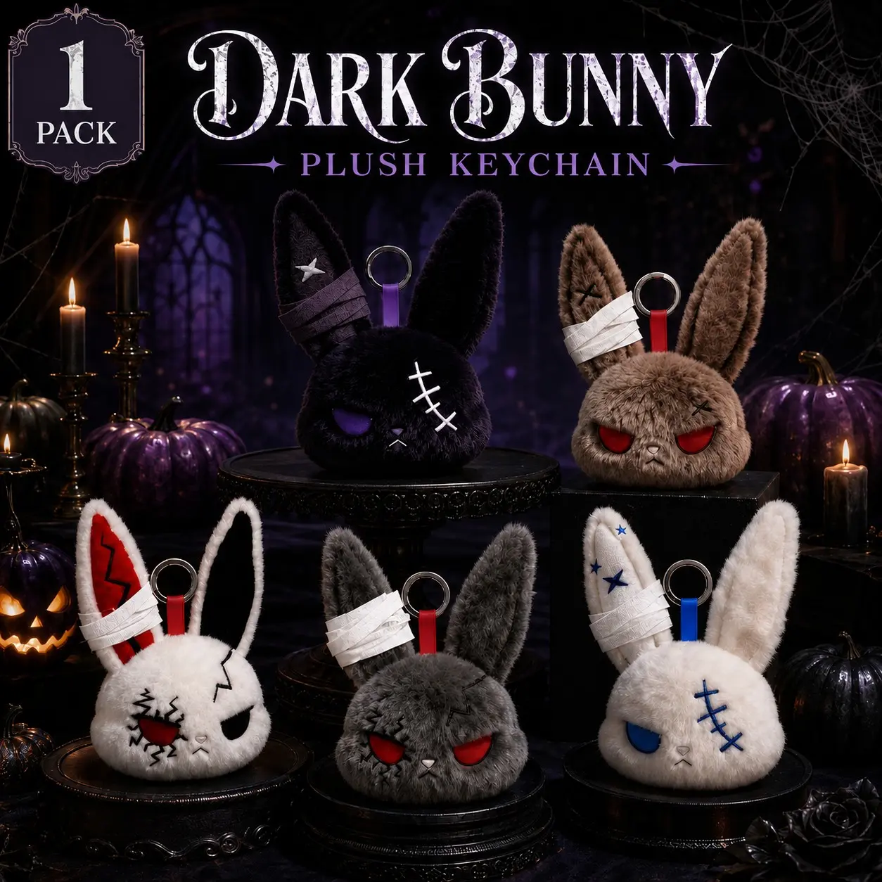 Halloween Dark Bunny Plush Keychain, Gothic Rabbit Stuffed Pendant for Bags Backpacks Keys, Spooky Cute Holiday Charm and Gift