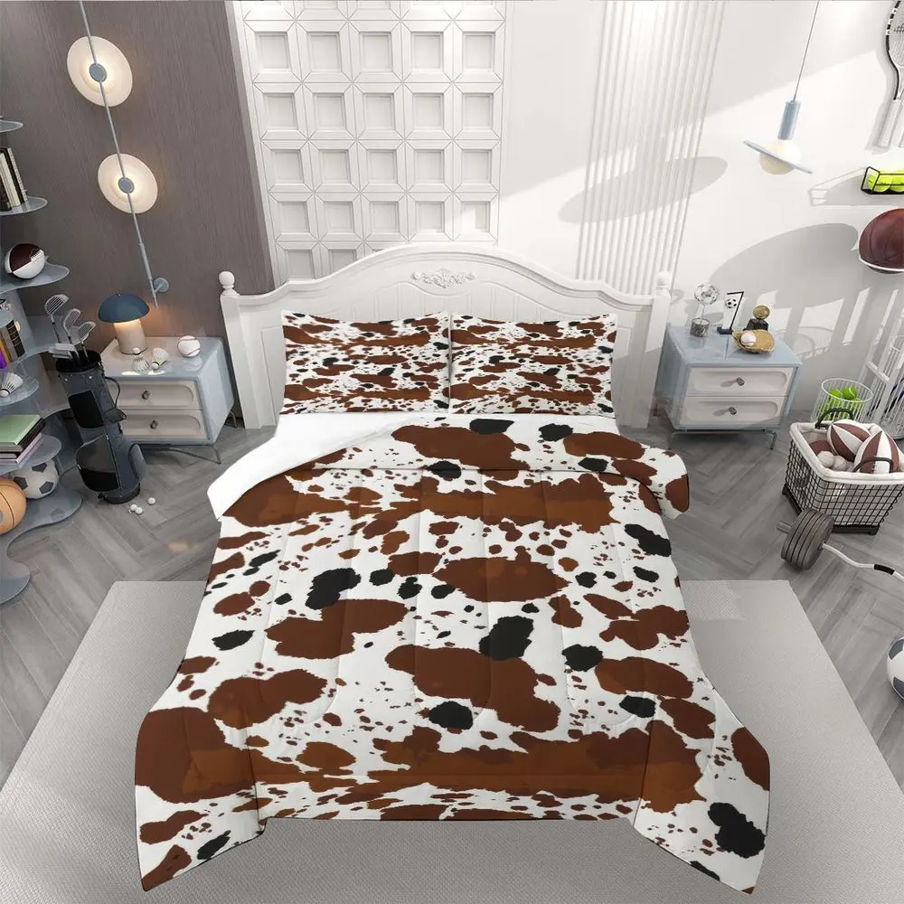 3Pcs Cow Print Comforter Set, Western Bedding Set (1 Quilt, 2 Pillowcases, Without Pillow Core), Soft Digital Printed Quilt Set, Farmhouse Style Bedspread for Master Bedroom, Breathable All-Season Bedding.