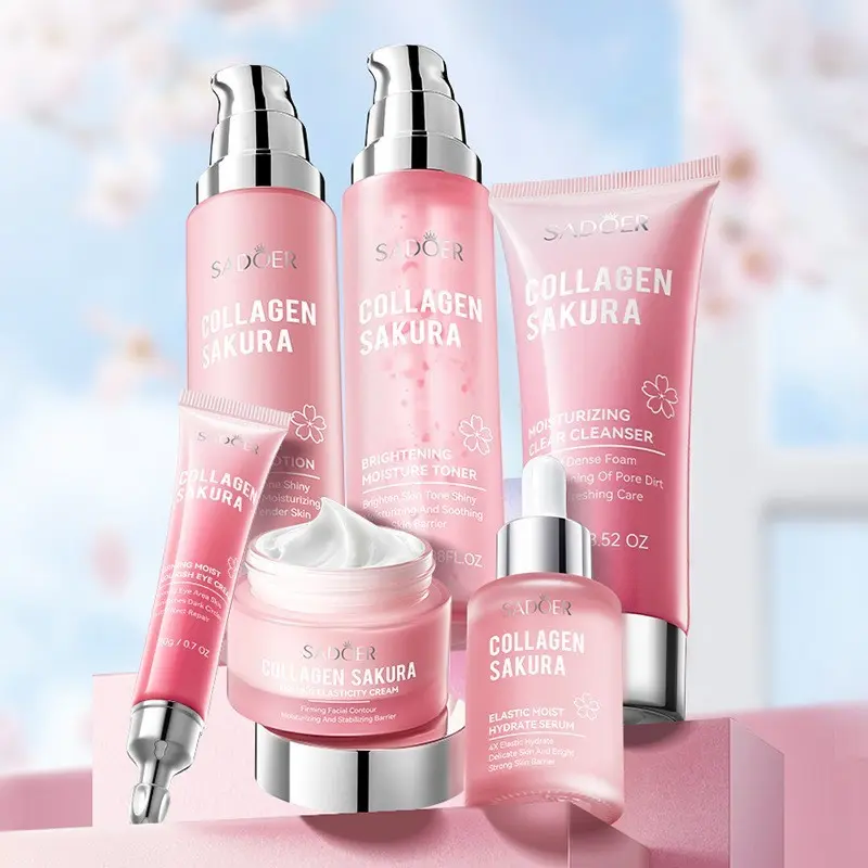 Sakura Moisturizing Revitalizing Gift Set 6 Pcs, Skincare Face Cream Toner & Cleanser, Hydrating & Moisturizing Daily Routine, Floral Essence, Collagen Sakura