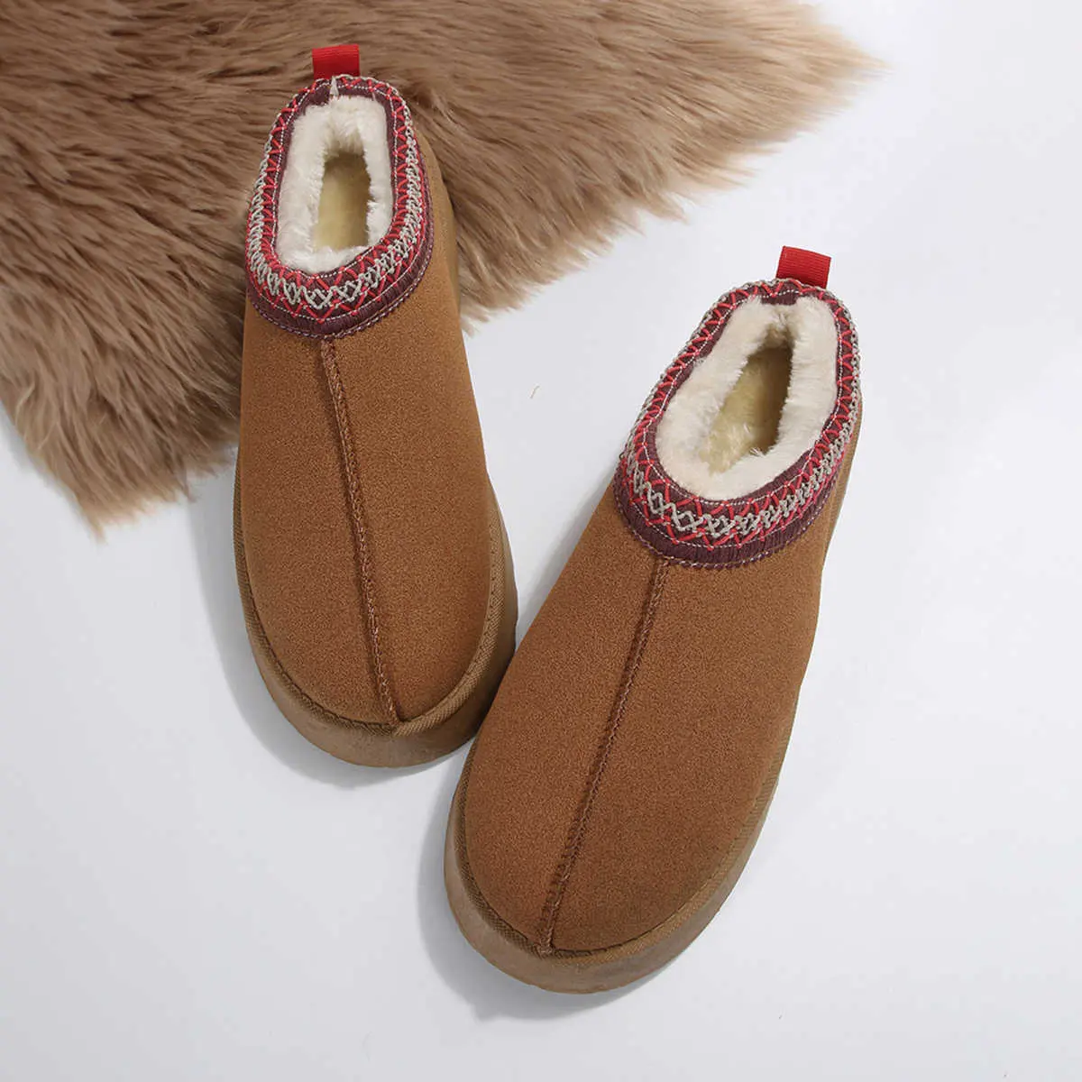 Chestnut Faux Suede Embroidered Detail Plush Lined Platform Slippers