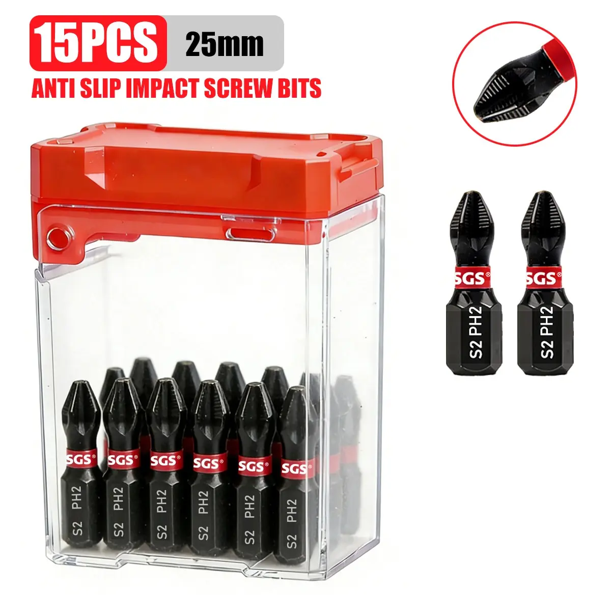 15/30Pcs 25mm Mini Anti-Slip PH2 Cross Bits S2 Steel Serrated Impact Bits with Clear Storage Case for Auto, Electronic & Household Repair