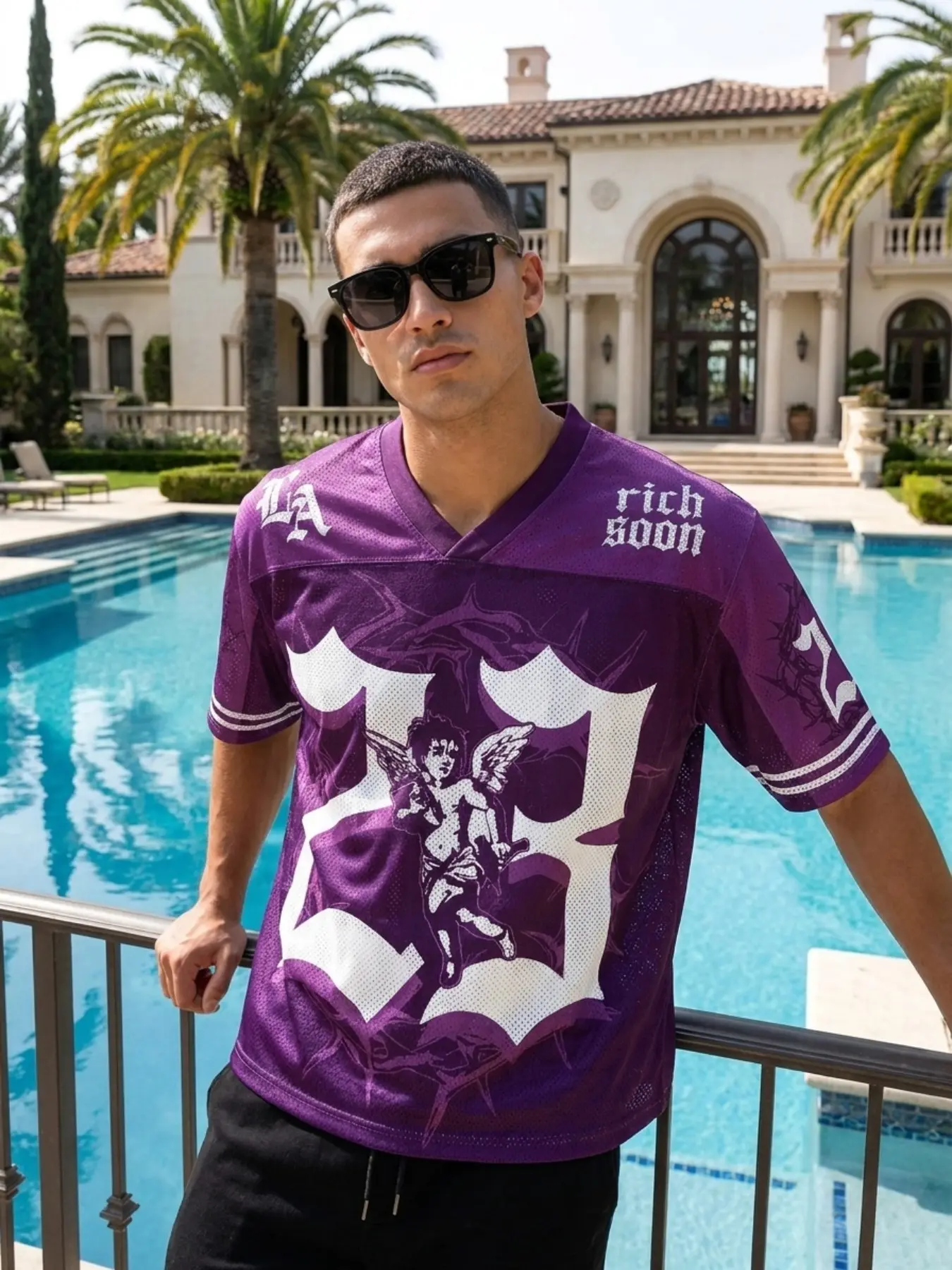 Men'S Black & Purple LA Logo & Number 23 Graphic Print Athletic Jersey - Loose Fit V-Neck T-Shirt Athletic Tee with LA Lettering & Number 23 Design