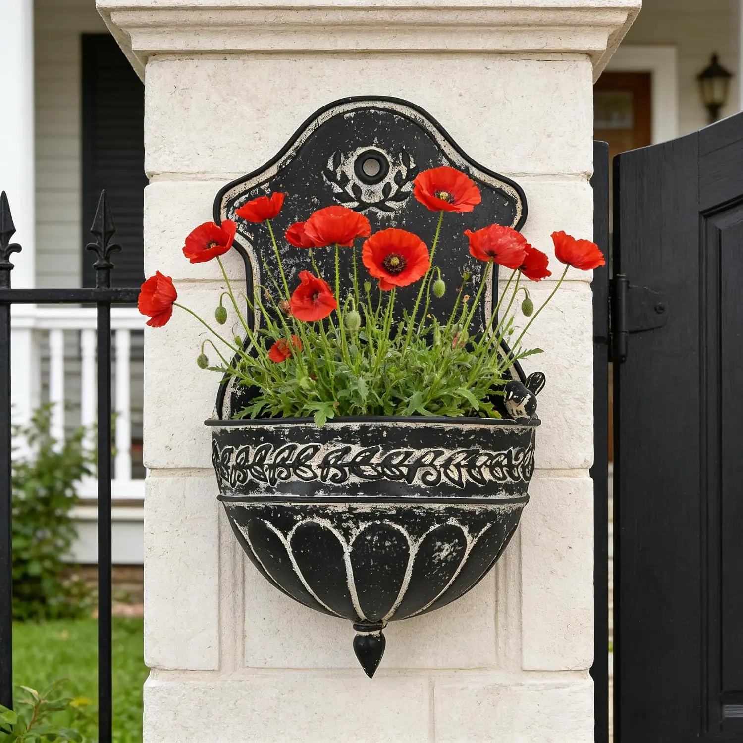 Distressed Black Metal Wall Planter, Rustic  Pocket Planter with Scrollwork & Scalloped Design,  Wall Decor for Indoor & Covered Outdoor Garden, Porch & Entryway