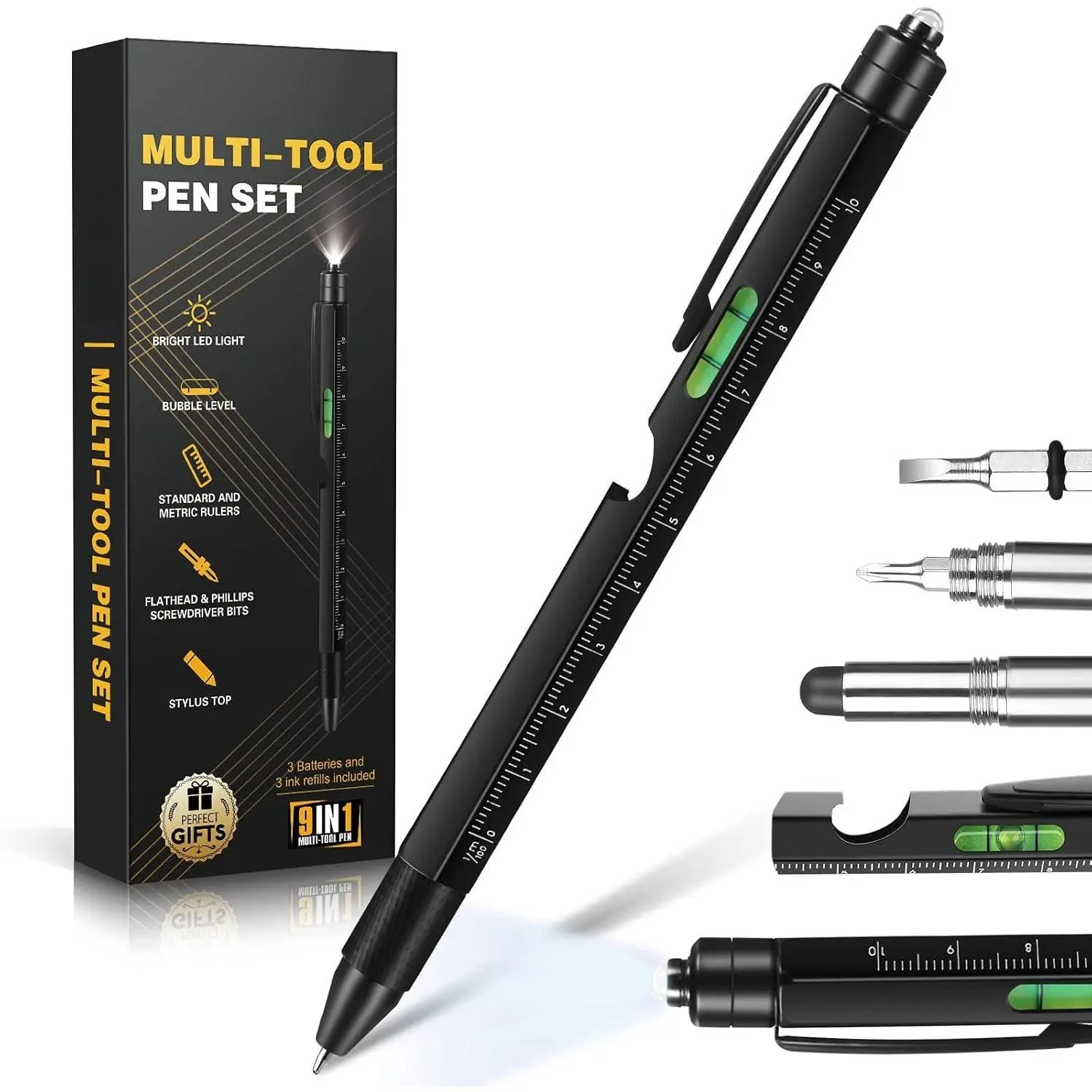 Gifts for Men, 9 in 1 Multitool Pen Set, Cool Gadgets for Men Dad Him Boyfriend Husband Fathers Day Birthday Gifts, Tool Pen with Led Light, Stylus, , Bottle Opener, Ruler, Level(Black)