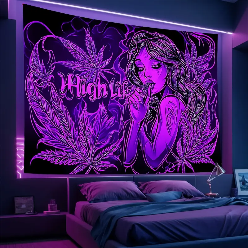 Fluorescent Psychedelic Tapestry with Long Black Hair Female Figure - UV Reactive Wall Hangg, Knitted Polyester, 100gsm, Transverse Orientation for Bedroom, Livg Room, Dorm, Game Room, Bar Decor, Room Deco