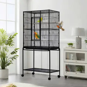 Spacious Metal Bird Cage for Parakeets, Parrots, Cockatiels, Conures, Cockatoos – Tall 62" Flight Aviary with Rolling Stand, Storage Shelf, Feeding Bowls