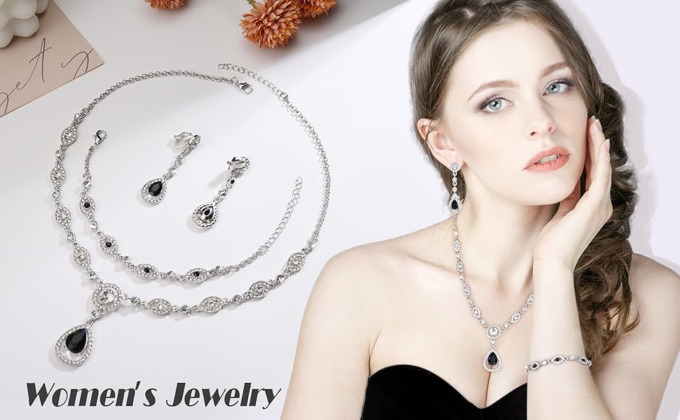 FIBO STEEL Luxurious Bridal CZ Jewelry Set for Women Wedding Party Prom Bridesmaid Teardrop Pendant Earrings Necklace Bracelets Eco-friendly Alloy Sparkling CZ Adjustable Size Ideal Gift