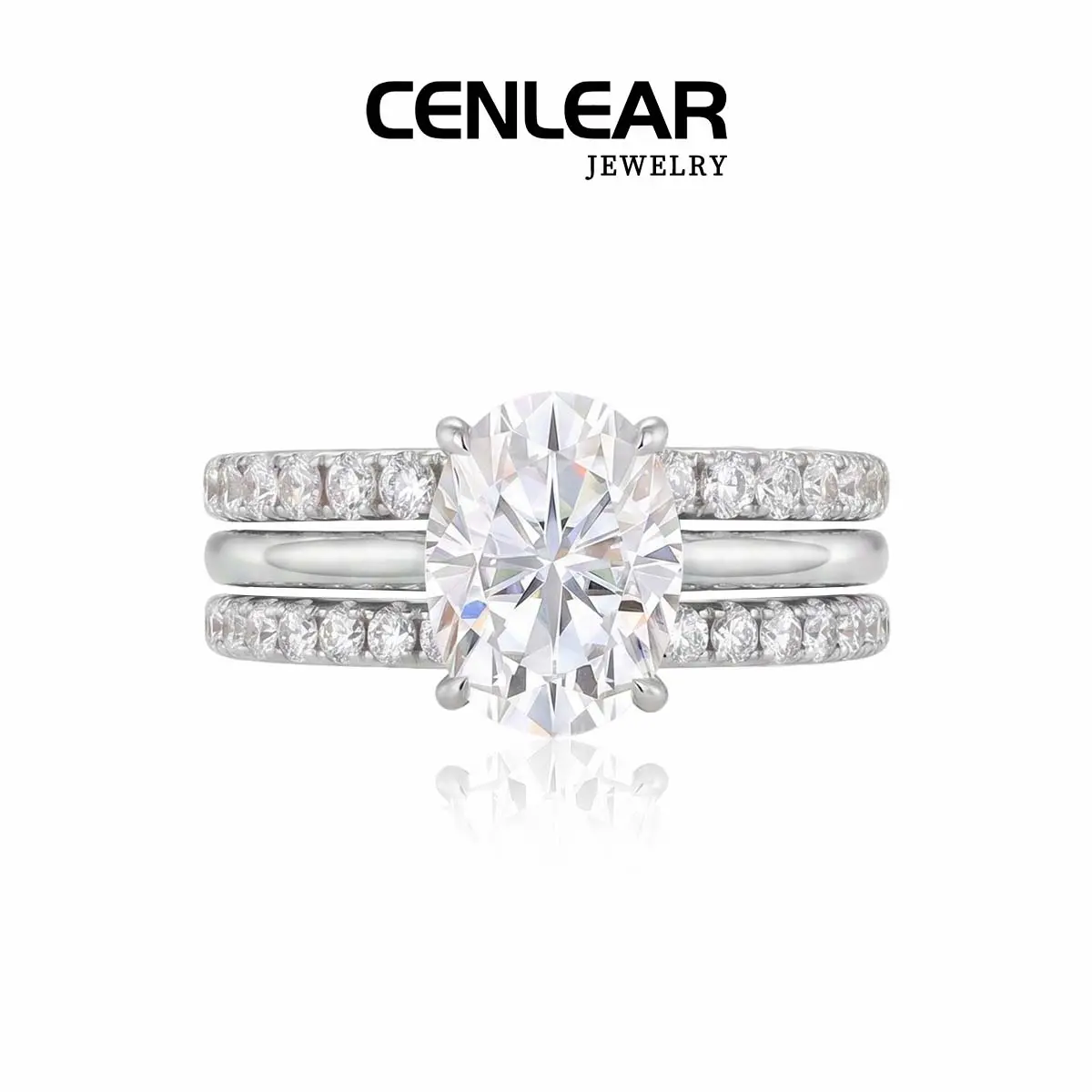 CENLEAR 2CT Oval Cut Moissanite Bridal Set For Women, 3 In 1 Stackable Engagement Ring, Brass White Gold Plated Wedding Band Set, Sparkly Travel Diamond Alternative Jewelry