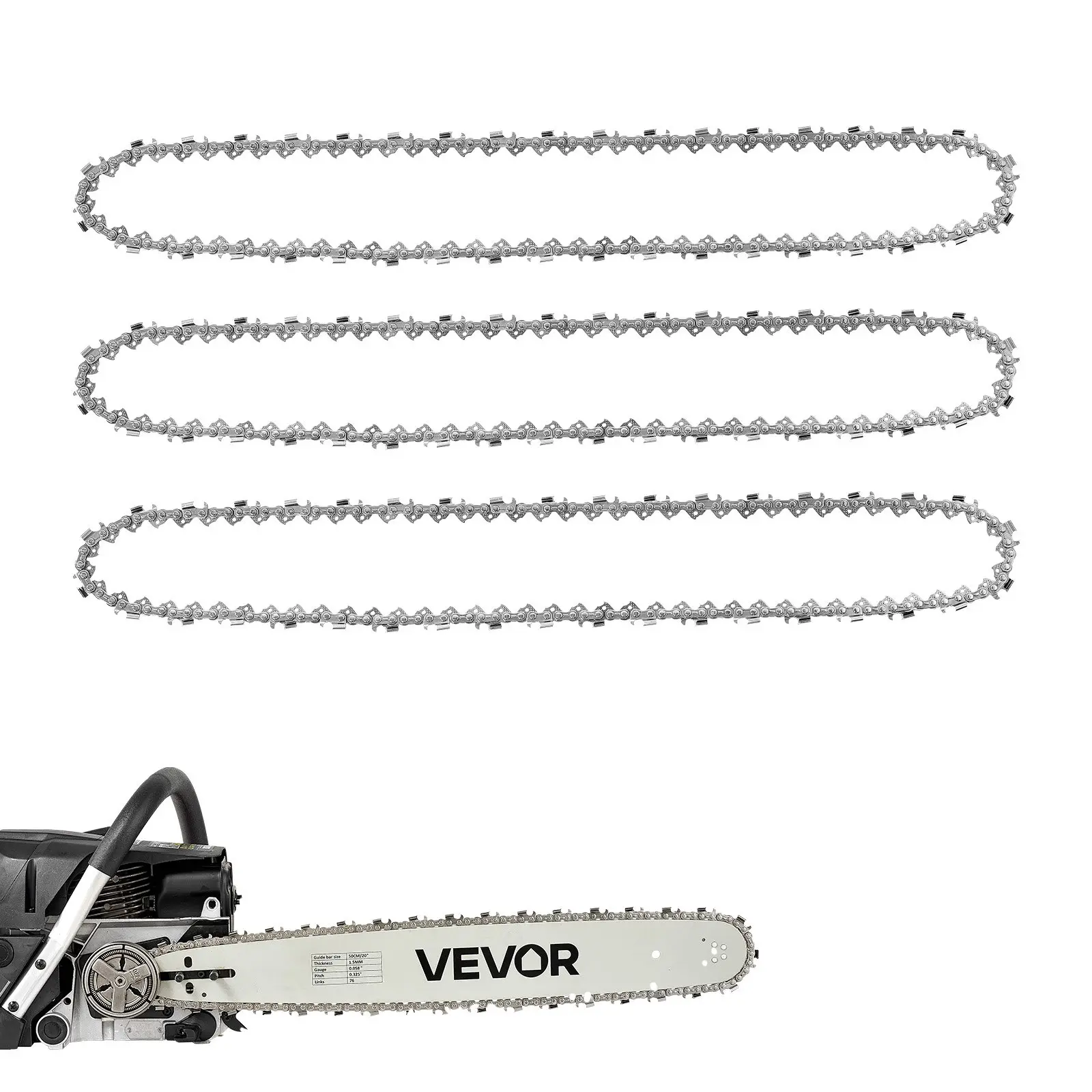 VEVOR 3-Pack 20-Inch Chainsaw Chain, 0.325" Pitch, 0.058" Gauge, 76 Drive Links, Forged Steel, Fits VEVOR CN-58G/CN-62G Gas Chainsaws, Replacement Saw Chains with Sharp Cutter Teeth & Tie Straps