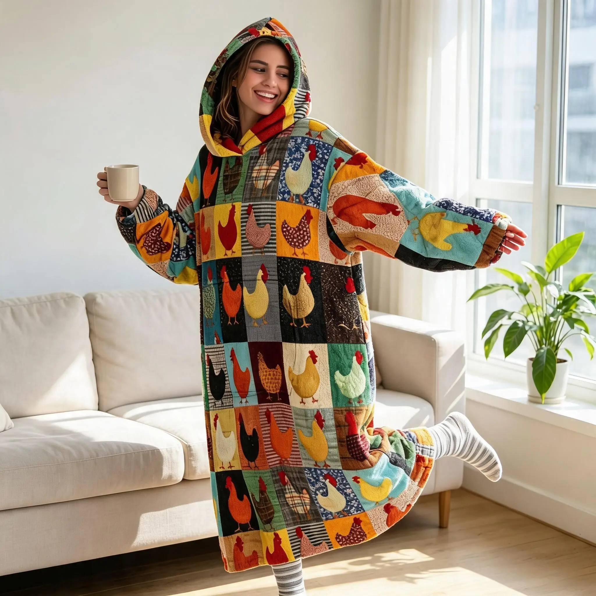 Flannel Hooded Wearable Blanket, Vintage Patchwork Chicken Print, Thick Long Sleep Robe, Large Pockets, Home Theater Picnic, Gift for Family