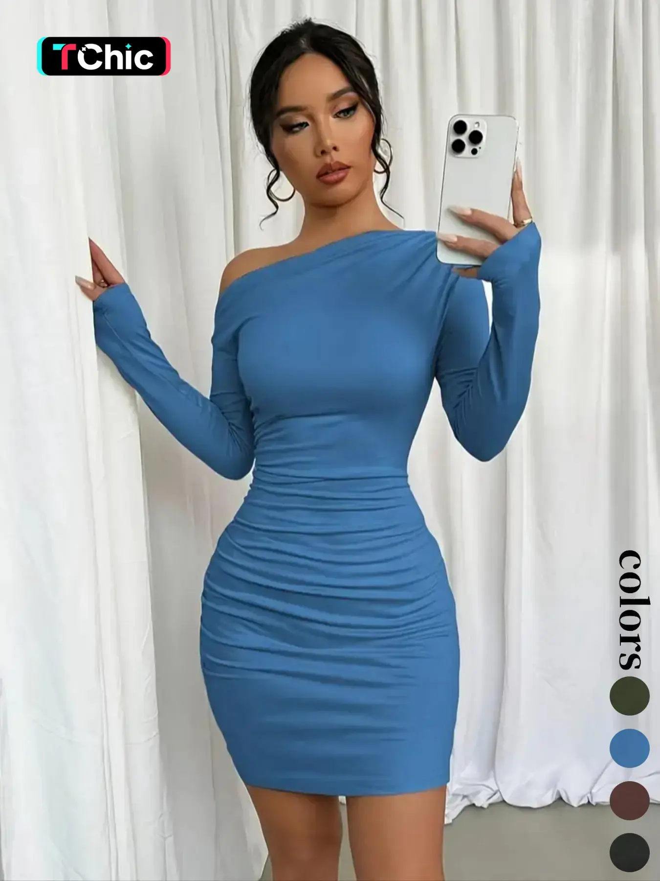 Elegant Asymmetrical Neck Long Sleeve Knit Dress Fabric, Pure Color Ruched Design, Women's Formal Fashionable for Special Occasions