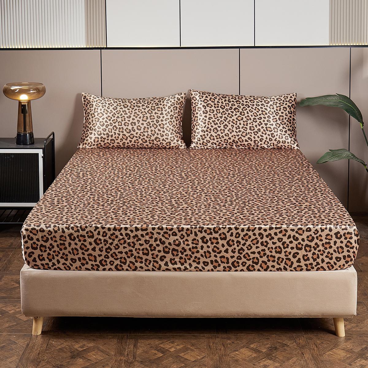 Leopard Print Fitted Sheet & Pillowcase Set, 3 Counts/set Including 1 Count Fitted Sheet & 2 Counts Pillowcase without Filler, Bedding Supplies for Home Bedroom