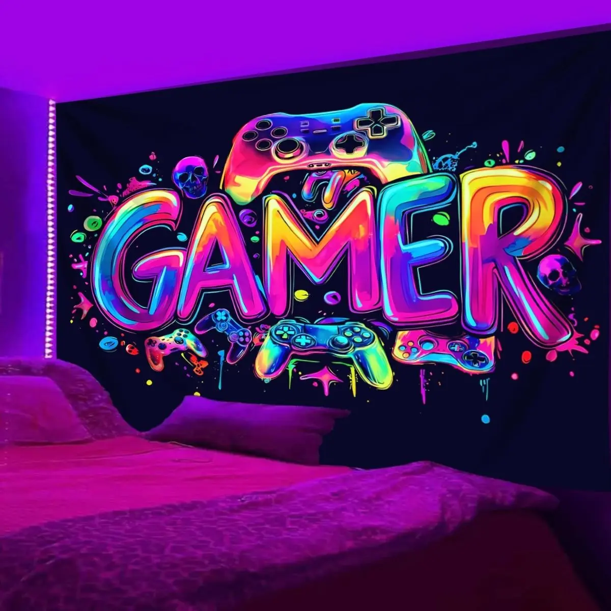 Game Controller Pattern Tapestry, UV Reactive Black Light Tapestry, Game Controller Neon Light Effect Wall Hanging, Bedroom Aesthetic Art Decoration Wall Hanging, Trippy Tapestry