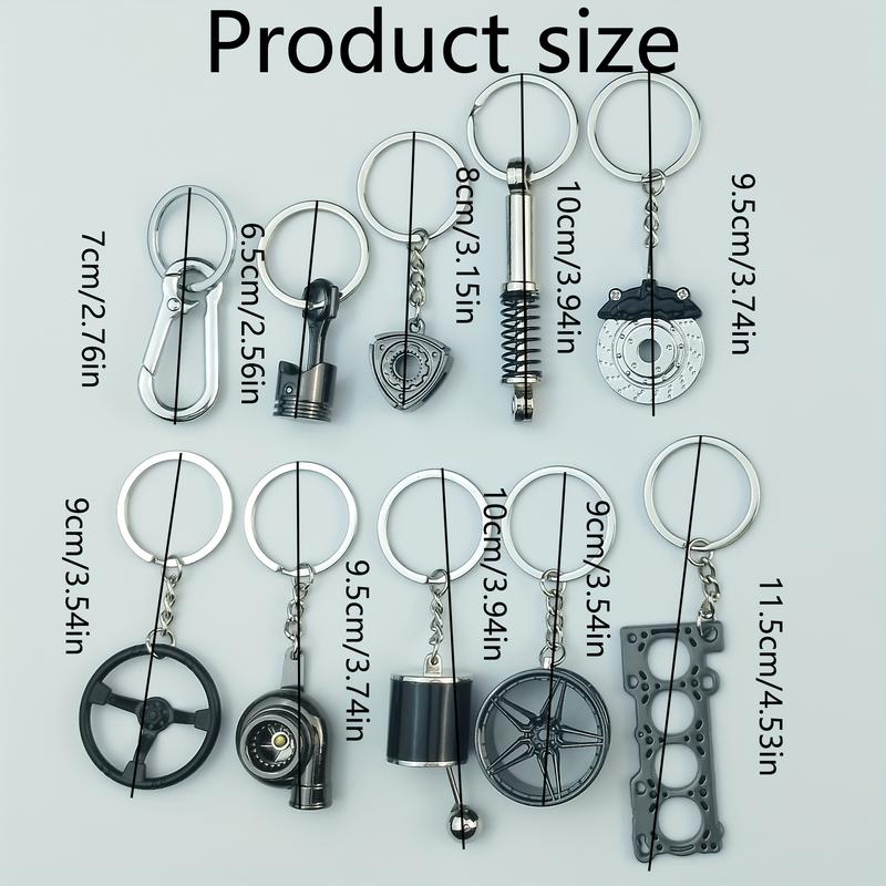 Car Enthusiast Keychain Set 10 Pieces Zinc Alloy Casual Style with Gear Shift Lever Turbo Wheel Hub Shock Absorbers Engine Parts Brake Discs Pistons Perfect Gift for Car Enthusiasts gifts for bestfriend