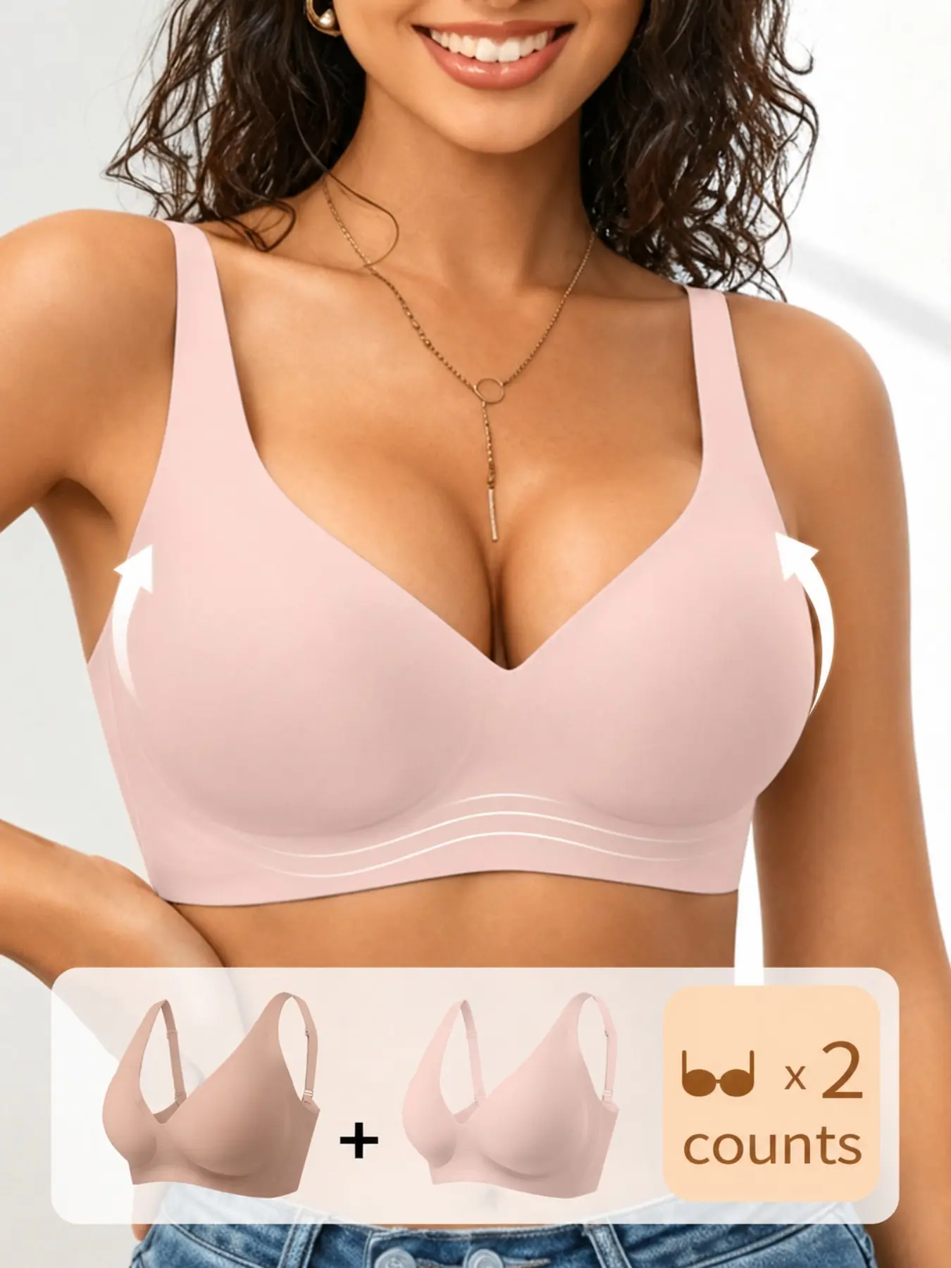 2-Pack Jelly Bra Seamless Smooth Deep V Push-Up Underwire-Free Breathable Half-Cup Pads, Soft Comfortable Casual Daily Wear Women's Bras