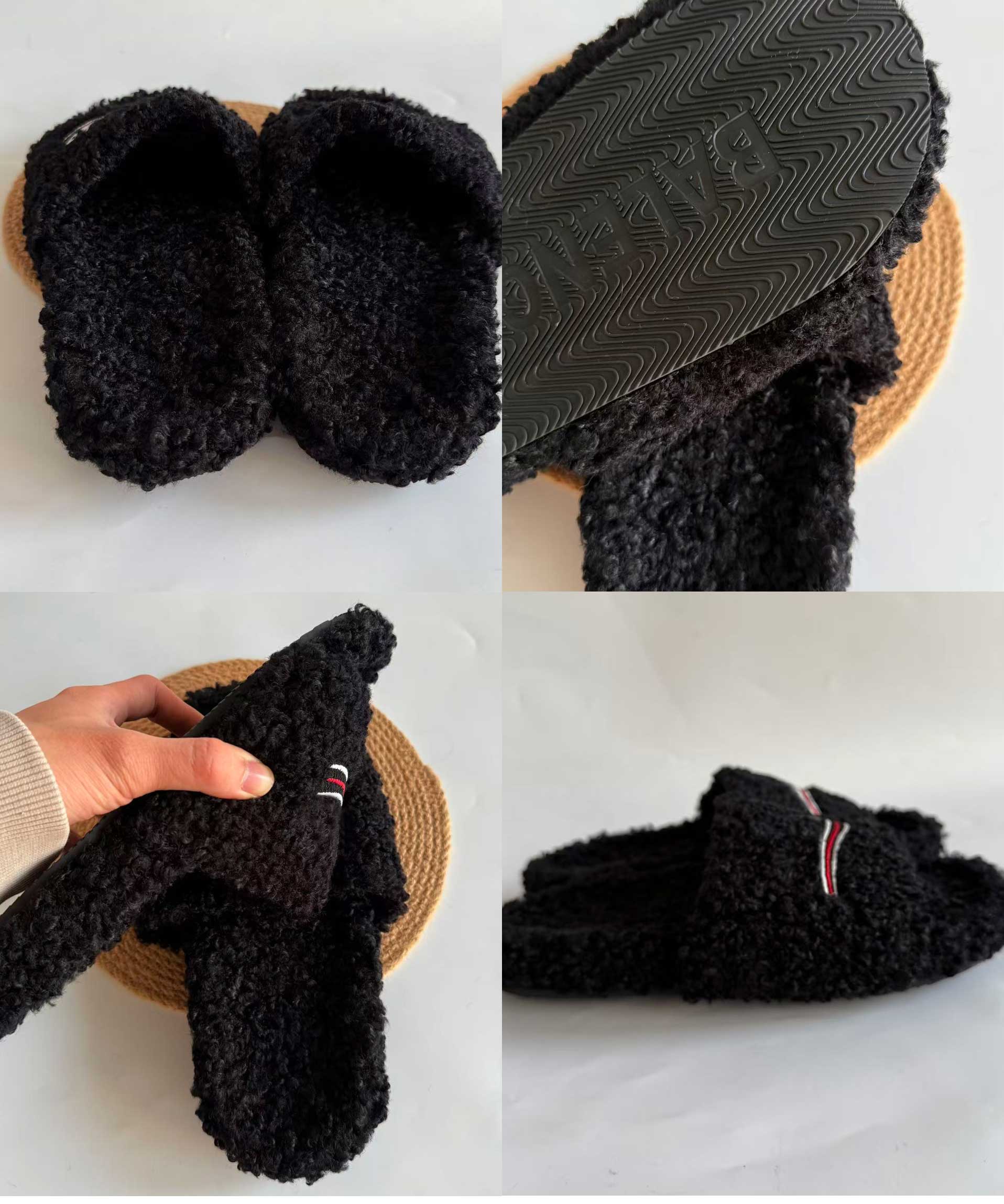 2026 Spring New Collection: Fur Slippers for Women, Outdoor Wear, Letter Embroidery, Thick Sole, Lamb Wool, Autumn/Winter, Flat Design, Slip-On Shoes.