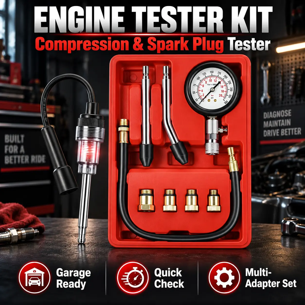 Automotive Cylinder Compression Test Kit with Pressure Gauge, Spark Plug Adapters and 14-Inch Extension Hose for Car, Motorcycle and Garage Diagnostics