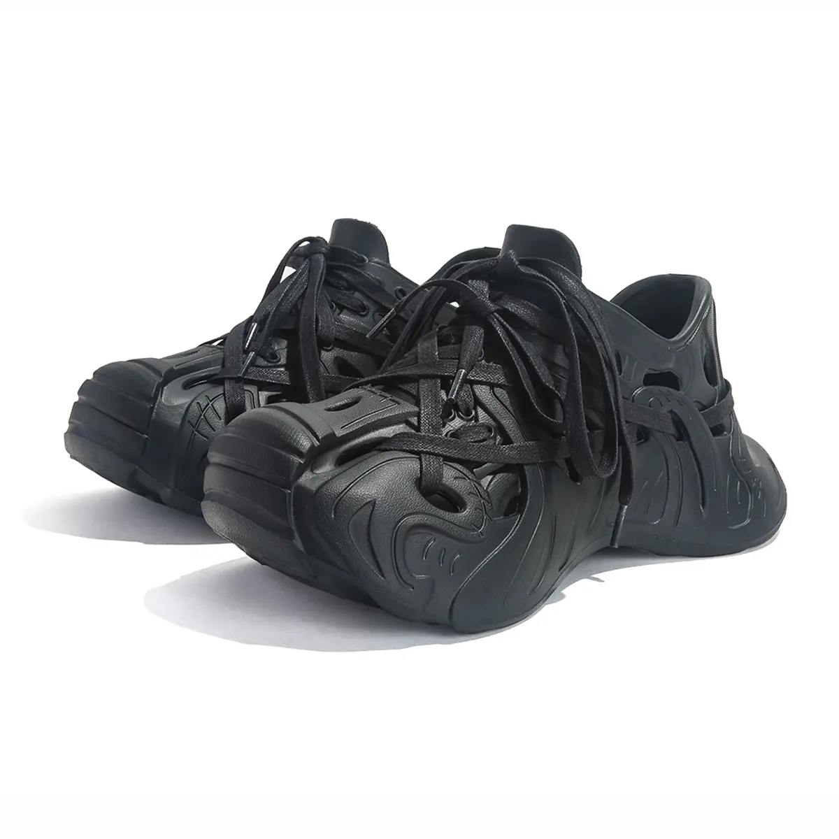 JIFFFLY Men’s Black Closed-Toe Clog Sandals, Lace-Up Cutout Shoes with EVA Upper and Sole for Casual Summer and Outdoor Wear