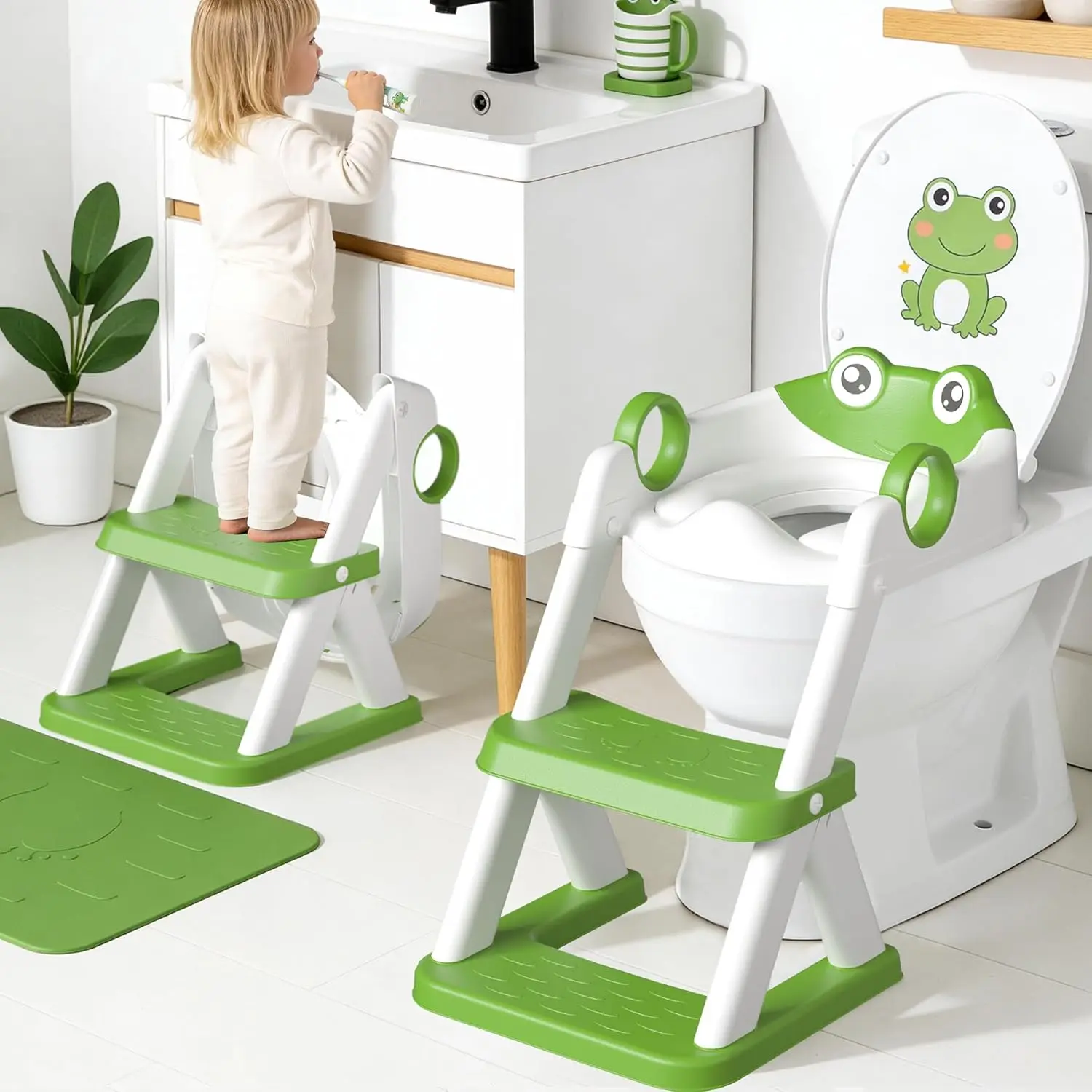 Frog Toilet Seat, Potty Training Seat  Toddler, Upgrade Potty Training 2 in 1 Toddler Toilet Seat  Boys Girls,Waterproof Soft Mat Non-Slip Step Stool