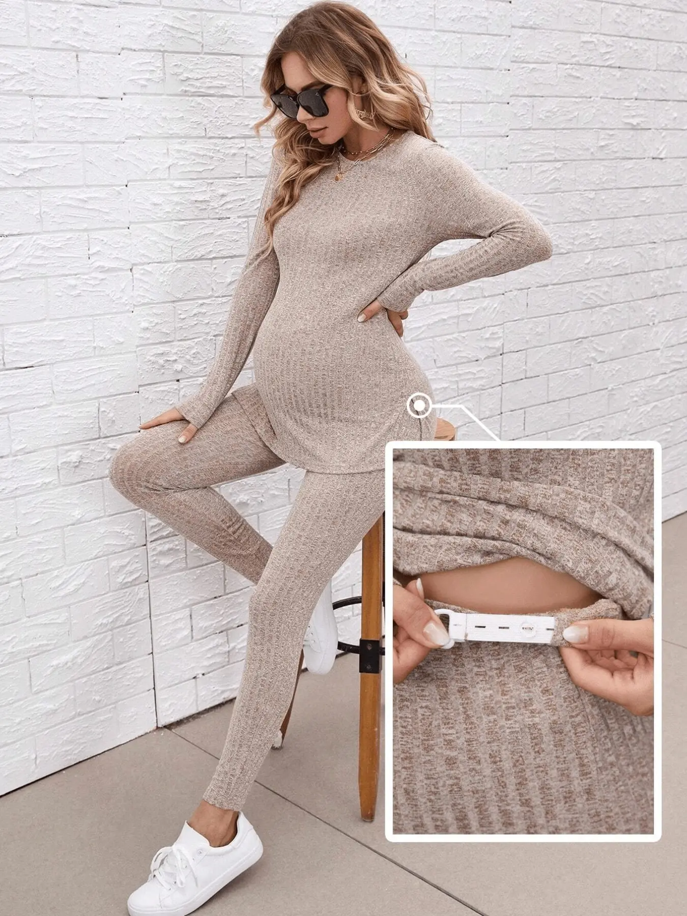 2‑Piece Set: Maternity Knit Long‑Pants and Long‑Sleeve Top, Autumn‑Winter Women's Loungewear, Comfortable Sports Maternity Outfit