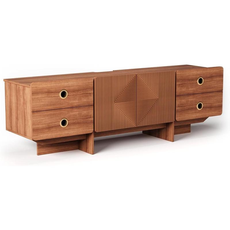 66" Fluted TV Stands for Living Room, Mid Century Modern TV Consoles for 75 inch TV, Entertainment Center with Storage, Media Console with Adjustment Shelf(Cherry)