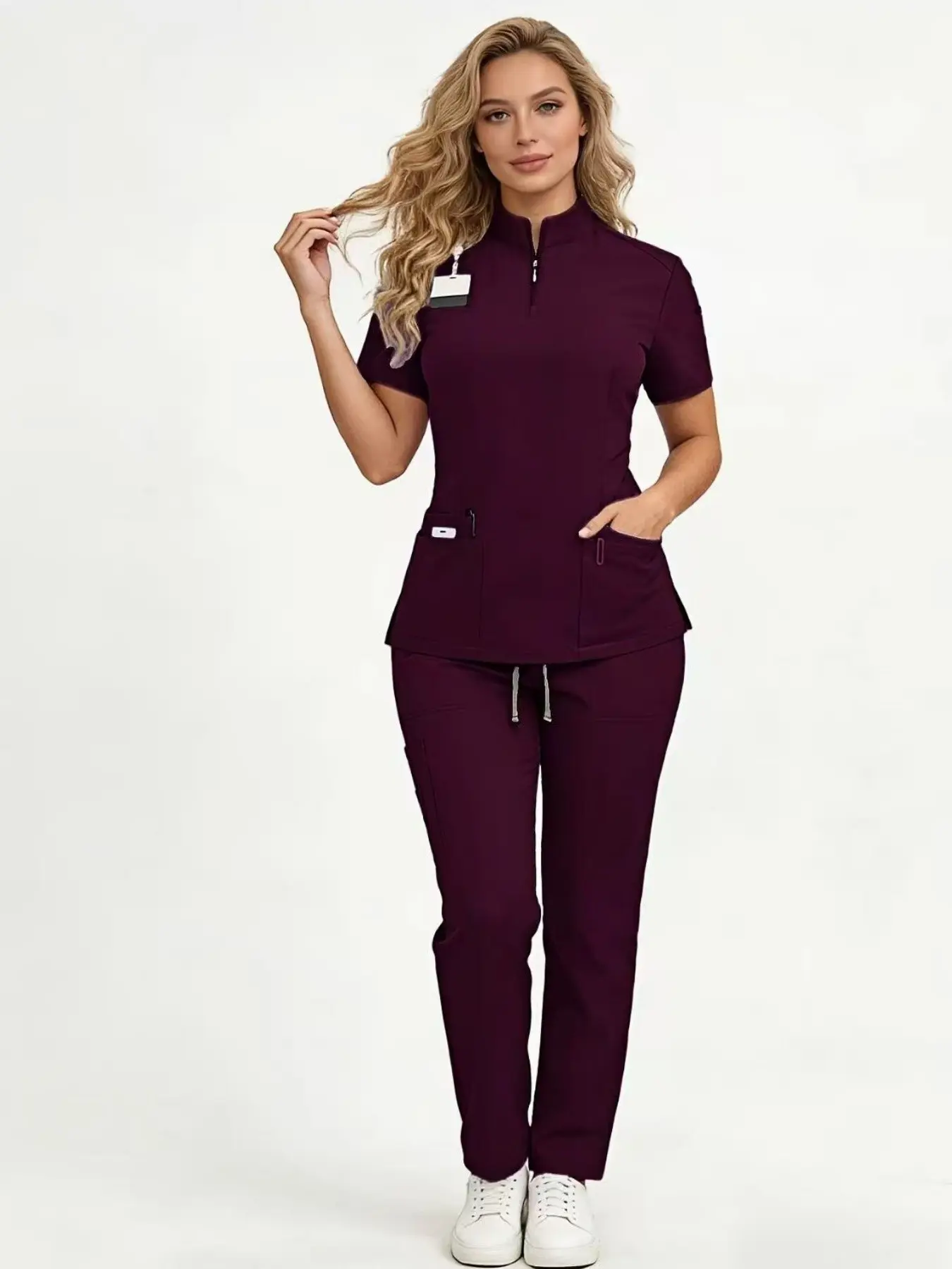 1 Set Women's  Jogging Matte Set Stretchy Nurse Uniform Workwear Scrubs with Pockets, Breathable Stretchy Top and Drawstring Waist Pocket Pants Set, Loungewear, Nurse Uniform Scrubs Set Hospital Uniform Surgery Dentist Overalls Spa Beauty Work Wear