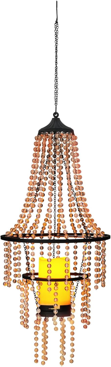 Hanging Candle Chandelier Outdoor,  Operated Clear  Beaded Chandelier with Flickering Led Candle Light S Hooks Modern Lantern for Garden Yard Patio Gazebo Room Indoor Decorations, 28H