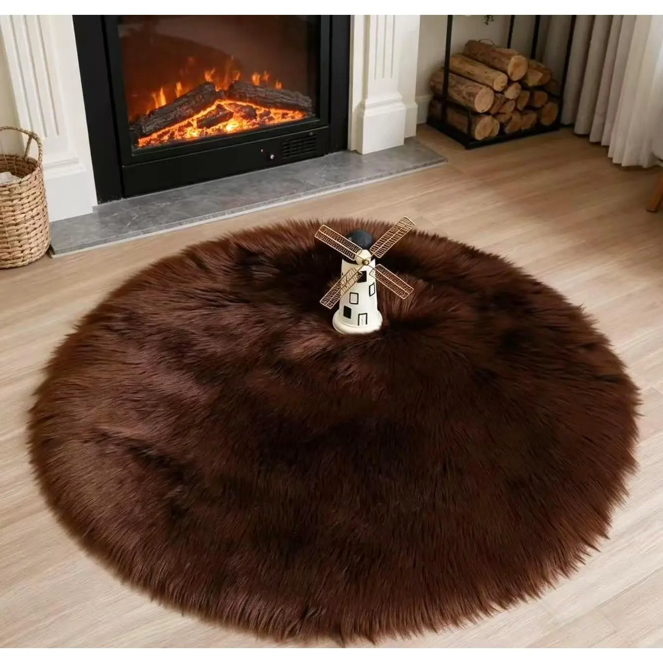 Faux Fur Sheepskin Rug Soft Plush Area Rug Bedroom Children's Room Sofa Cushion Living Room Bedside Rugs (Coffee, 3*3 ft Rotund), 33KFYX