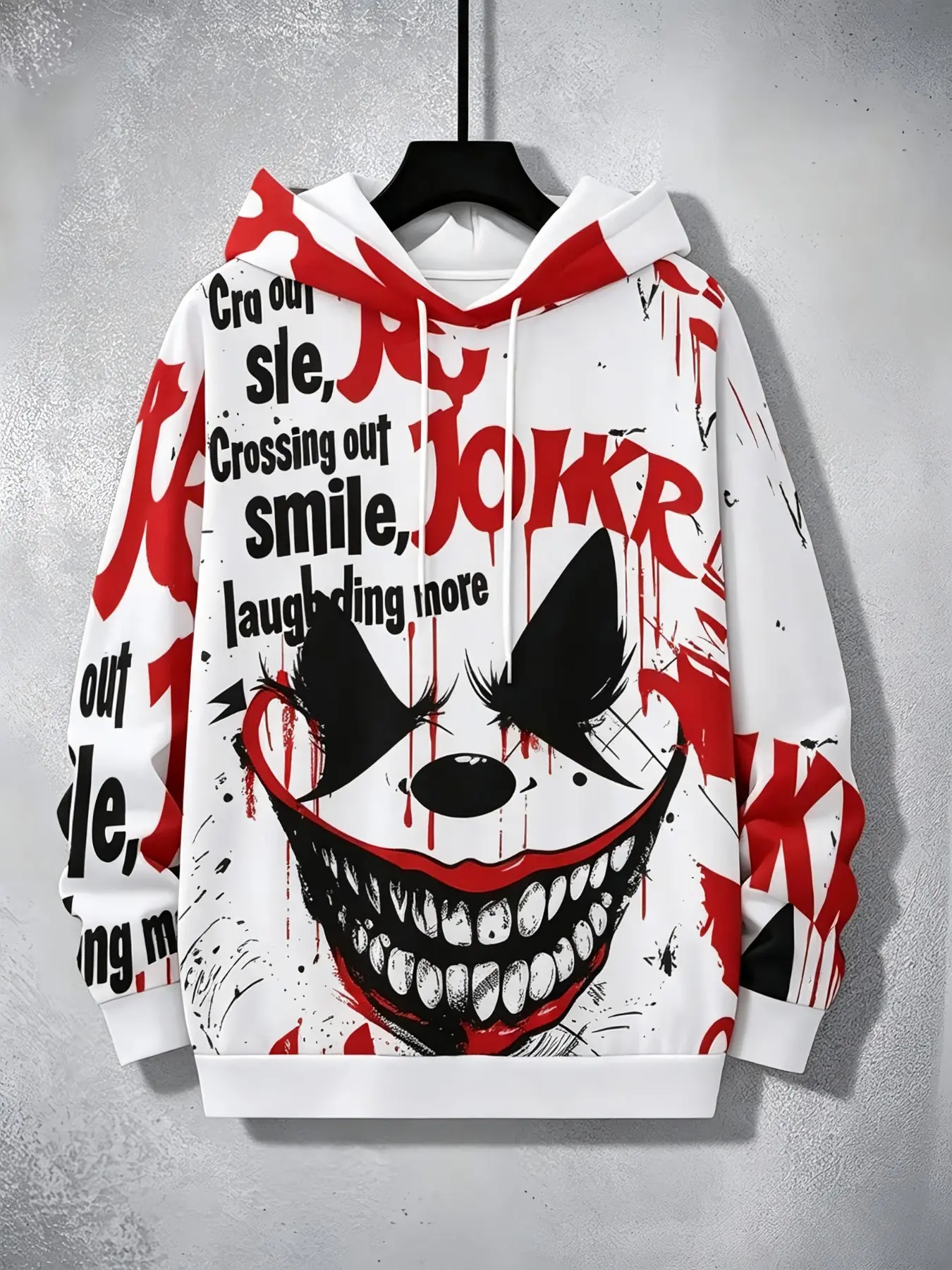 High Street Style Clown Graffiti Hoodie, Unique Personality Sad Face Top, Casual Loose-Fitting All over Print Sweatshirt for Spring & Fall