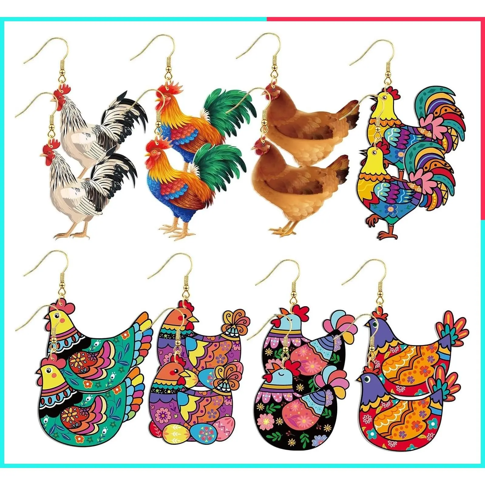 8 Pairs Acrylic Chicken Dangle Earrings for Women - Cute Hen & Rooster, Rustic Farmhouse Animal Jewelry Gift