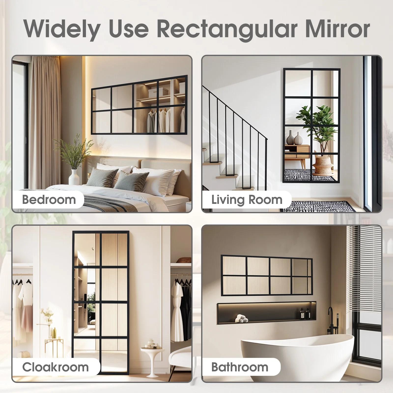 Rectangular Window Pane Decorative Wall Mirror with Black Metal Grid Frame, Modern Geometric Style Mirror for Living Room Bedroom Entryway, Stylish Home Decor Accent with Unique Grid Pattern and Sleek Black Finish