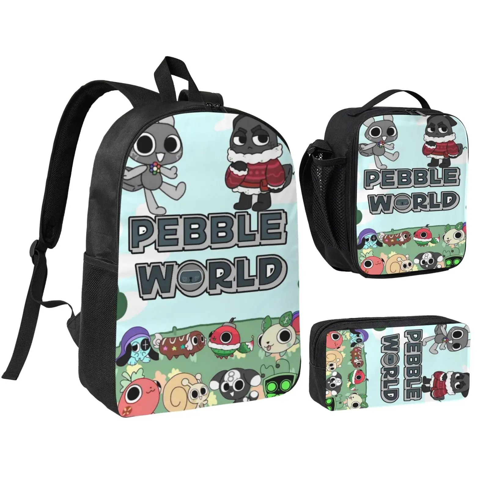 Kids' Anime Pebble Dandys World 3-Piece School Backpack Set for Teens Boys-Girls, Adjustable Strap, Lightweight Cartoon Print School Look Teens Fit Bag with Insulated Lunch Bag & Pencil Case, Set Pack